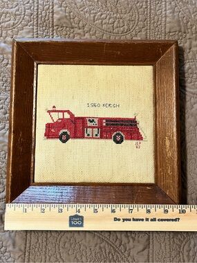 Handmade signed 1982 needlepoint "1950 PIRSH". American firefighting apparatus.